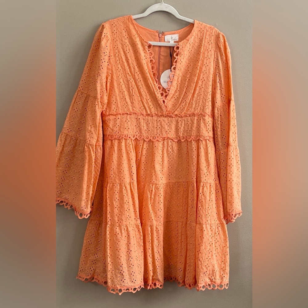 Lost + Wander Afternoon Allure eyelet v neck mini dress size large orange new